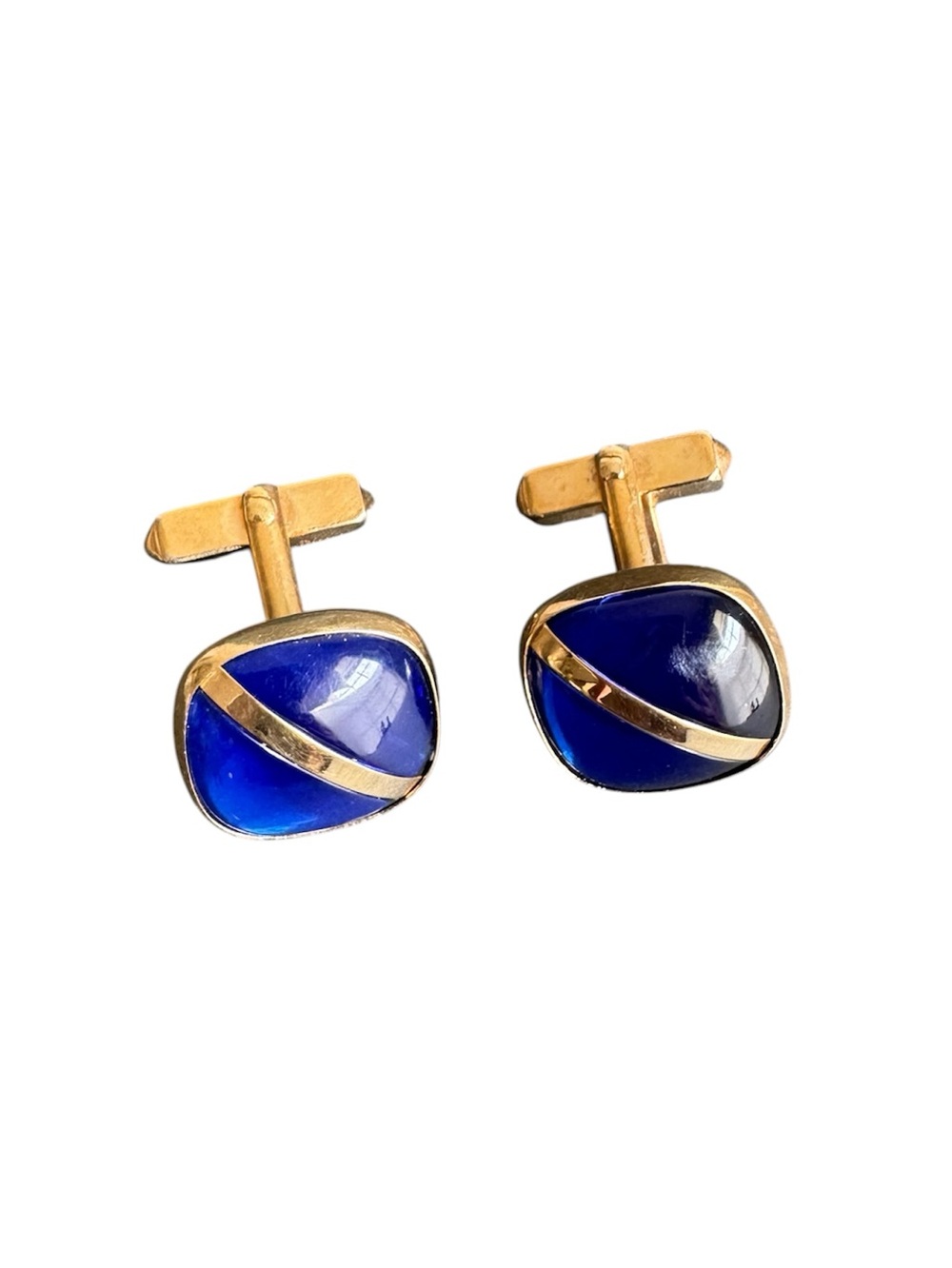 Vintage Swank Cufflinks Cobalt Blue Glass Cabochon Gold Plated